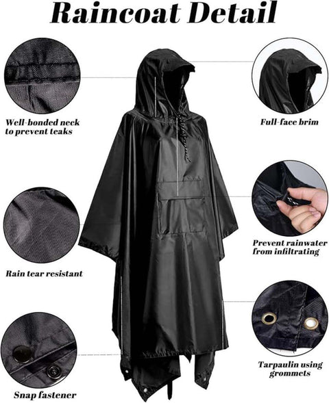 3-in-1 Waterproof Rain Jacket Poncho with Hood, Breathable Raincoat, Black