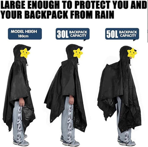 3-in-1 Waterproof Rain Jacket Poncho with Hood, Breathable Raincoat, Black