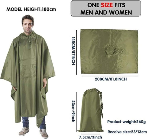 Waterproof Rain Jacket 3-in-1 Multifunctional Hooded Poncho, Green, with Tarp Underlay, Breathable and Waterproof