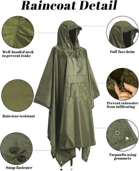 Waterproof Rain Jacket 3-in-1 Multifunctional Hooded Poncho, Green, with Tarp Underlay, Breathable and Waterproof