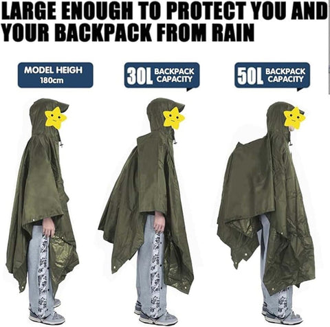 Waterproof Rain Jacket 3-in-1 Multifunctional Hooded Poncho, Green, with Tarp Underlay, Breathable and Waterproof