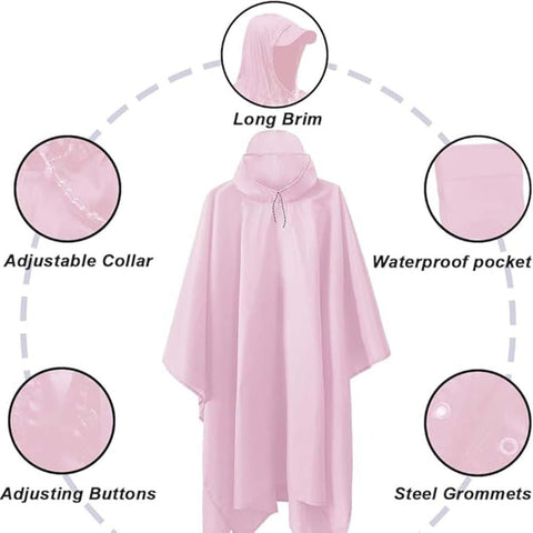 3-in-1 Multifunctional Waterproof Rain Jacket Poncho with Hood, Breathable Raincoat Pink