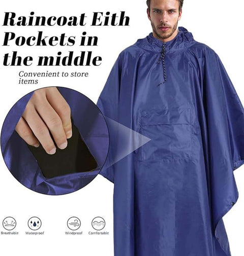 3-in-1 Waterproof Rain Jacket Poncho with Hood, Breathable for Outdoor Activities, Blue
