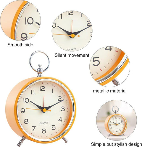 Silent Analog Alarm Clock with Snooze Button, Retro Design and Lighting, 16x11 cm, Orange