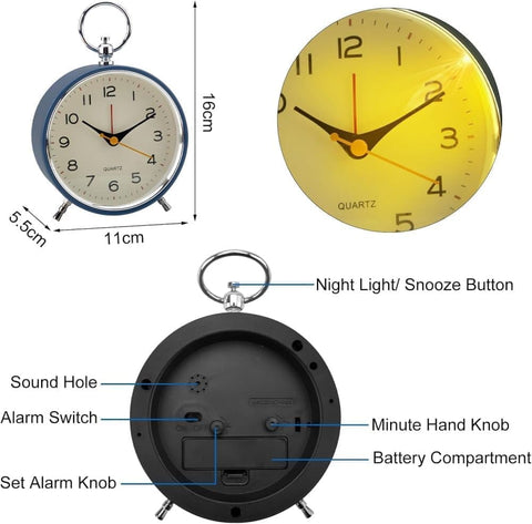 Analog Alarm Clock with Snooze Button, Retro Design and Lighting, White, 16x11 cm