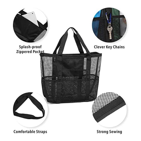 6-Pocket Foldable Mesh Beach Bag for Family Picnic, One Size, Red