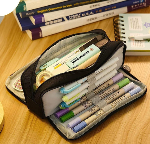 3 Compartments Spacious Pencil Case Multifunctional School Pencil Bag, Dark Blue