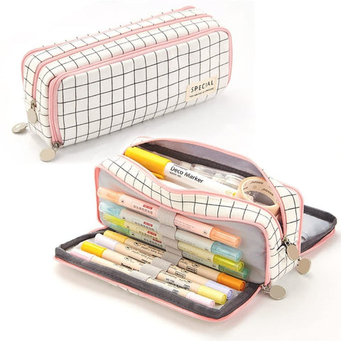 White Spacious Pencil Case with 3 Compartments, School Pencil Bag, Multifunctional Holder