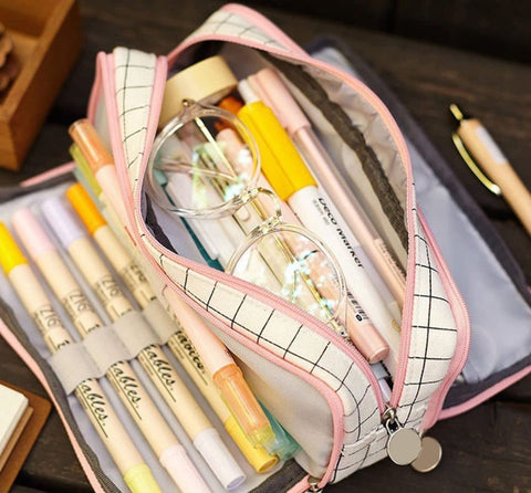 White Spacious Pencil Case with 3 Compartments, School Pencil Bag, Multifunctional Holder