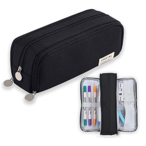 3 Compartment Pencil Case for School, Multifunctional Stationery Organizer, Black, with Spacious Storage