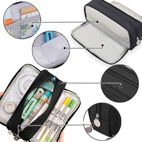 3 Compartment Pencil Case for School, Multifunctional Stationery Organizer, Black, with Spacious Storage