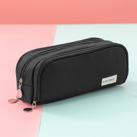 3 Compartment Pencil Case for School, Multifunctional Stationery Organizer, Black, with Spacious Storage