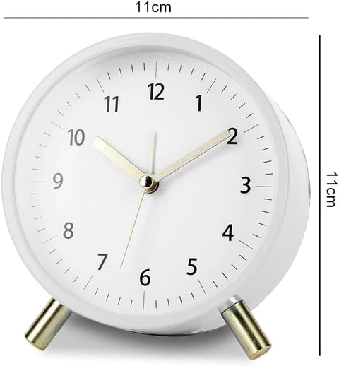 White Silent Alarm Clock with Night Light and Backlight, Small Metal Clock for Bedroom Office Living Room, 3.5 inches
