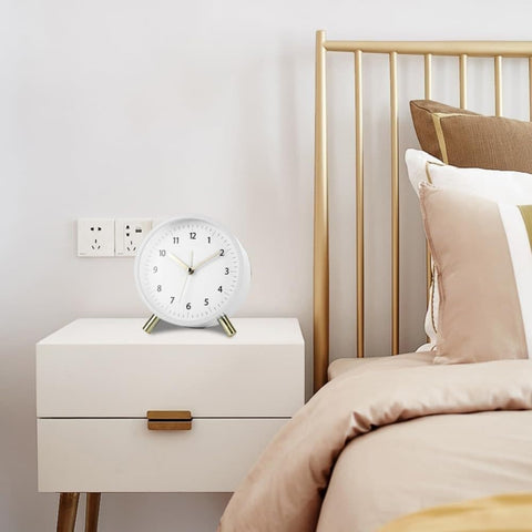 White Silent Alarm Clock with Night Light and Backlight, Small Metal Clock for Bedroom Office Living Room, 3.5 inches