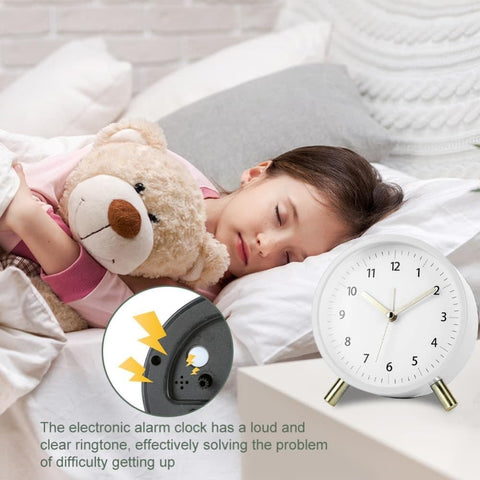 White Silent Alarm Clock with Night Light and Backlight, Small Metal Clock for Bedroom Office Living Room, 3.5 inches