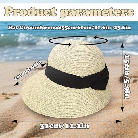 UV-protective Straw Beach Hat Wide Brim Foldable Breathable for Summer Outdoor, Beige
