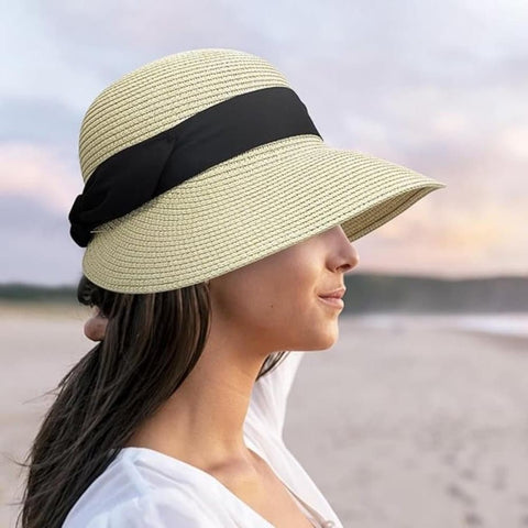 UV-protective Straw Beach Hat Wide Brim Foldable Breathable for Summer Outdoor, Beige