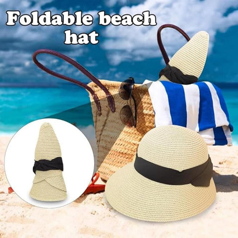 UV-protective Straw Beach Hat Wide Brim Foldable Breathable for Summer Outdoor, Beige