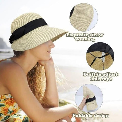 UV-protective Straw Beach Hat Wide Brim Foldable Breathable for Summer Outdoor, Beige