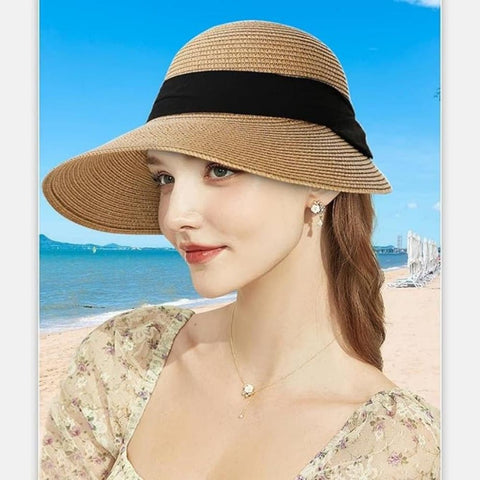 UV Protective Straw Beach Hat Wide Brim Foldable Breathable Summer Outdoor, Brown