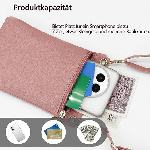 Pink Lychee Texture Phone Bag with Shoulder Strap, 19cm x 12.5cm