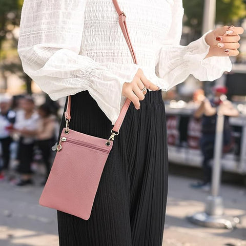 Pink Lychee Texture Phone Bag with Shoulder Strap, 19cm x 12.5cm