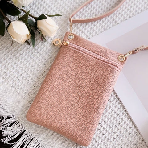Pink Lychee Texture Phone Bag with Shoulder Strap, 19cm x 12.5cm