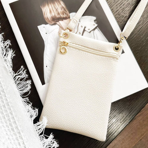 White Lychee Texture Phone Bag with Shoulder Strap, 19cm x 12.5cm