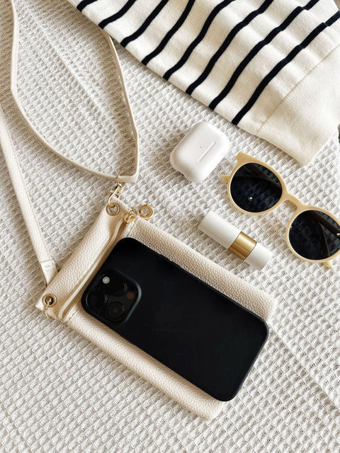 White Lychee Texture Phone Bag with Shoulder Strap, 19cm x 12.5cm
