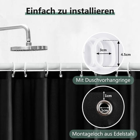 Waterproof Shower Curtain 180x180cm, quick-drying mold resistant, compatible with outdoor shower and bathroom, Black