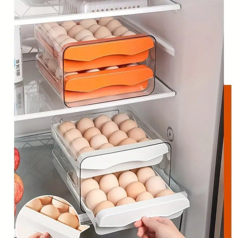 32-pcs XL Egg Storage Container, White, Transparent Double Layer Egg Holder for Refrigerator, Stackable Egg Dispenser