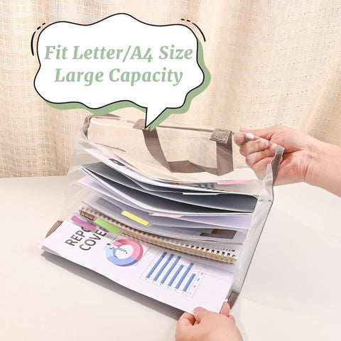 13 Compartments A4 Document Folder, Transparent Waterproof with Snaps, Light Brown, Compatible with Office Supplies