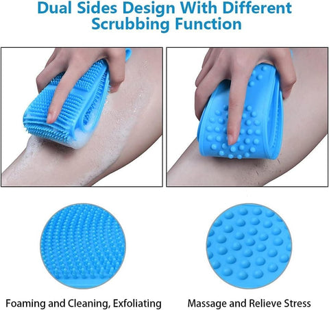 Silicone Body Brush Back Scrubber for Women and Men, Soft Exfoliating Bath Shower Brush with Massage Particles, Blue