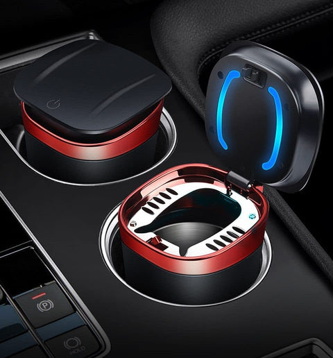 Portable Car Ashtray with Lid, Odorless Automatic Extinguishing & LED Light, Silver