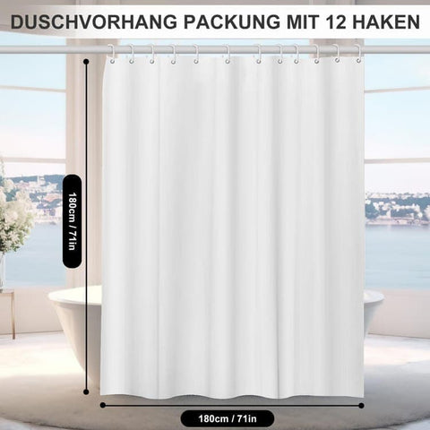 White Waterproof Shower Curtain for Bathroom, 180x180 cm, Mildew Resistant PEVA with 12 Hooks