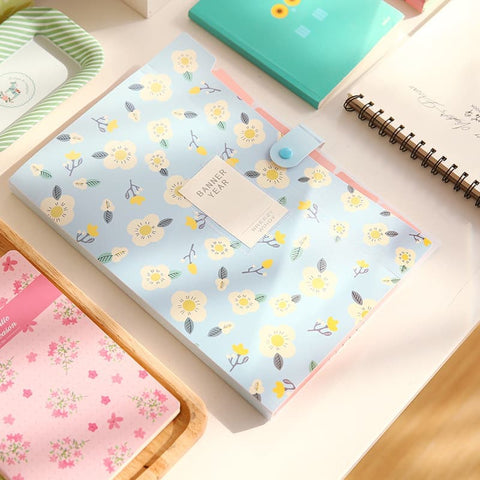 8 Compartments A4 Document Folder Waterproof Floral Pattern, with A4 Size, Yellow