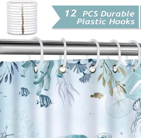 Waterproof Polyester Shower Curtain with Sea Turtle and Dolphin Motif, Mildew Resistant, Dark Blue, 180x200 cm