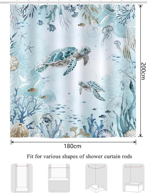 Waterproof Polyester Shower Curtain with Sea Turtle and Dolphin Motif, Mildew Resistant, Dark Blue, 180x200 cm