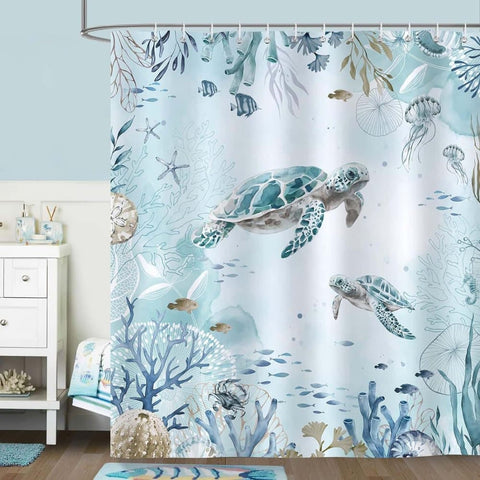 Waterproof Polyester Shower Curtain with Sea Turtle and Dolphin Motif, Mildew Resistant, Light Blue, 180x200 cm