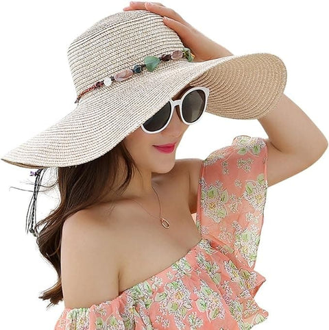 Women's Wide Brim Straw Hat UPF50+ Sun Protection Foldable Beach Hat for Summer, Beige