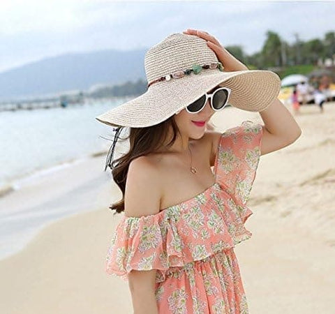 Women's Wide Brim Straw Hat UPF50+ Sun Protection Foldable Beach Hat for Summer, Beige