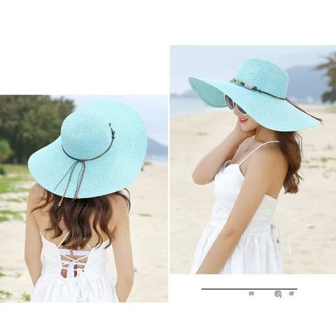 Women's Wide Brim Straw Hat UPF50+ Sun Protection Foldable Beach Hat, Light Blue