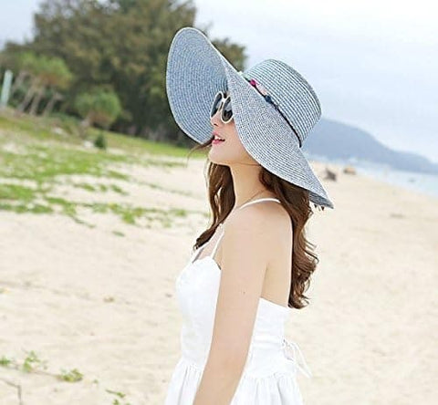 Foldable Straw Hat for Women UPF50+ Sun Protection Wide Brim, Blue, One Size