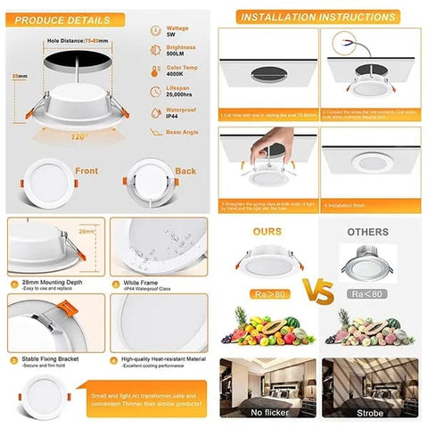 4 pcs LED Spotlight Waterproof IP44 Neutral White Light 4000K, Ultra Thin Design for Bathrooms and Living Rooms