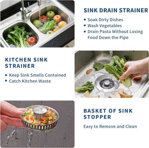 3-in-1 Stainless Steel Sink Strainer with Removable Basket, Easy to Clean Kitchen Strainer
