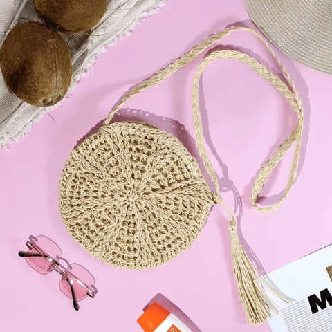 Retro style round straw beach bag, white, perfect for summer