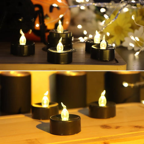 12-Pack Battery Operated LED Tea Lights with 3D Flame, Realistic Flashing LED Wishing Lights, Flameless Candles for Halloween Party Decoration
