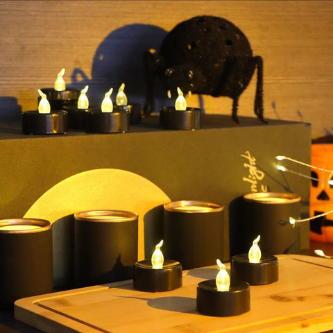 12-Pack Battery Operated LED Tea Lights with 3D Flame, Realistic Flashing LED Wishing Lights, Flameless Candles for Halloween Party Decoration