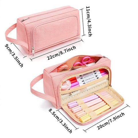 Large Capacity Pencil Case 4 Compartments, Pink/Green/Black, for School Travel Students