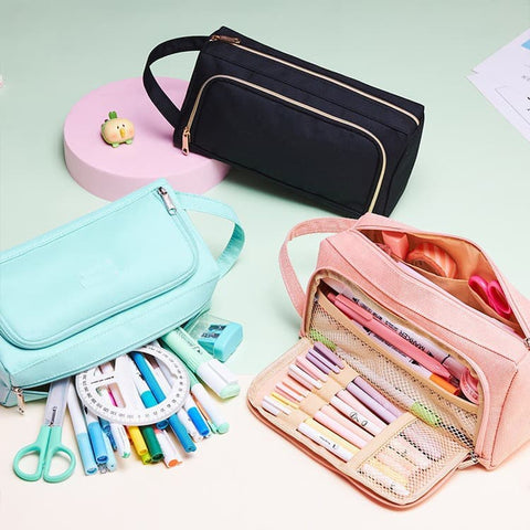 Large Capacity Pencil Case 4 Compartments, Pink/Green/Black, for School Travel Students